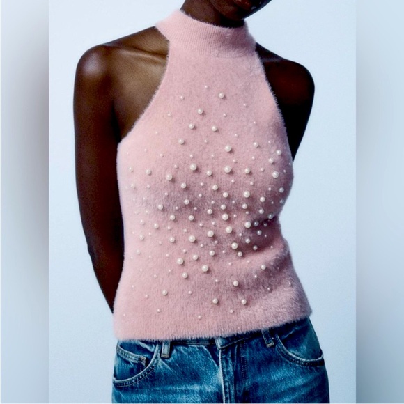 Zara Tops - ZARA Pink Faux Fur Pearls Halter Top